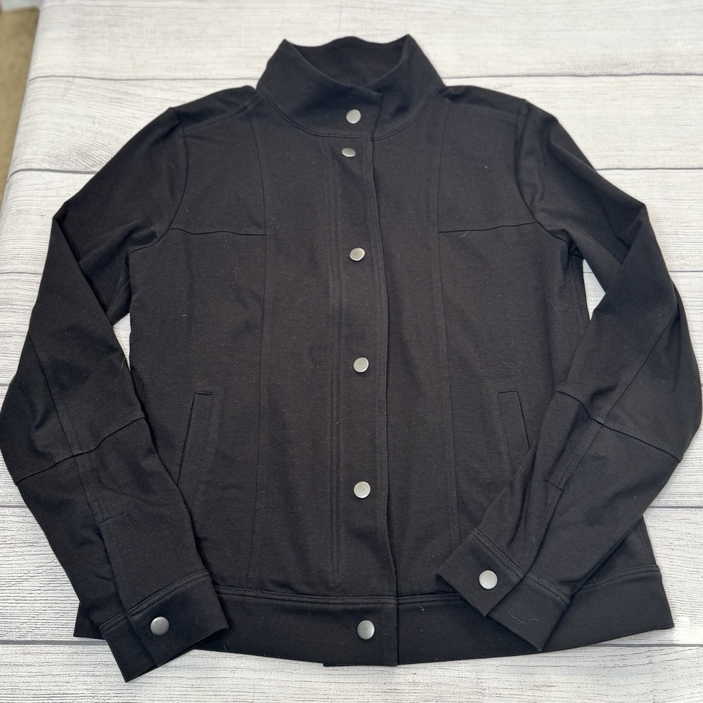 EILEEN FISHER Jacket XS Organic Cotton Jersey Trucker‎ Moto Full Zip Snap Black